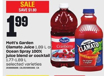 Loblaws Mott's garden clamato juice, 1.89 l or ocean spray 100% juice blend or cocktail, 1.77-1.89 l offer