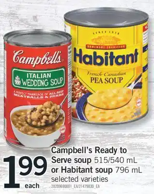 Fortinos Campbell's ready to serve soup, 515/540 ml or habitant soup, 796 ml offer