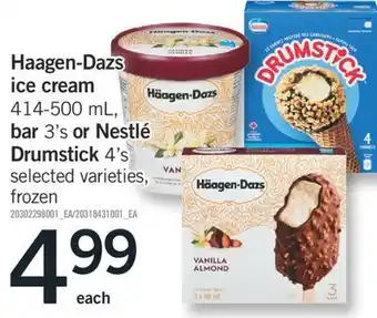 Fortinos Haagen-dazs ice cream, 414-500 ml, bar, 3's or nestlé drumstick, 4's offer