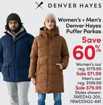 Mark's Denver hayes women's + men's puffer parkas offer