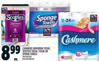 Metro Cashmere bathroom tissue, scotties facial tissue or sponge towels offer