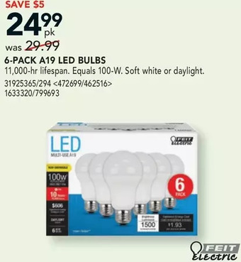 RONA Feit electric 6-pack a19 led bulbs offer