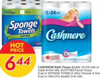 Sobeys Cashmere bath tissue, scotties facial tissue or sponge towels ultra choose-a-size or ultra pro double offer