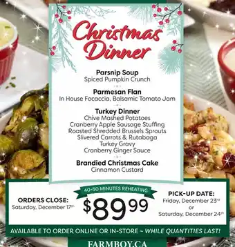 Farm Boy Parsnip soup | parmesan flam | turkey dinner | brandied christmas cake offer