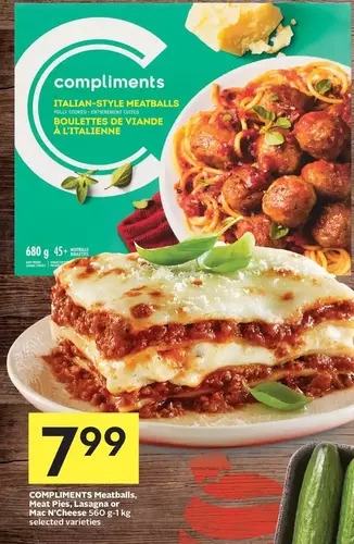 Foodland Compliments meatballs, meat pies, lasagna or mac n' cheese offer