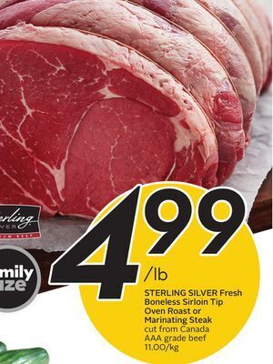 Sobeys Sterling silver fresh boneless sirloin tip oven roast or marinating steak offer