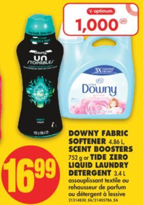 No Frills Downy fabric softener, 4.86 l, scent boosters, 752 g or tide zero liquid laundry detergent, 3.4 l offer