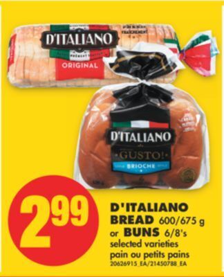 No Frills D'italiano bread, 600/675 g or buns, 6/8's offer