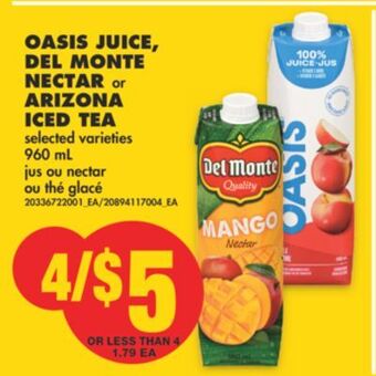 No Frills Oasis juice, del monte nectar or arizona iced tea, 960 ml offer