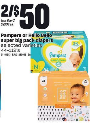 Independent Grocer Pampers or hello bello super big pack diapers, 44-112's offer