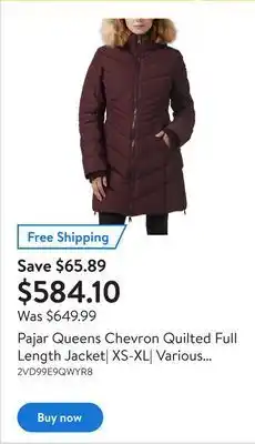 Walmart Pajar queens chevron quilted full length jacket| xs-xl| various colours offer