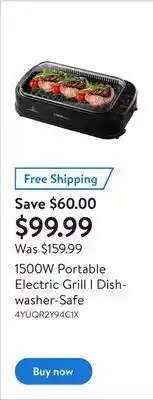 Walmart 1500w portable electric grill i dishwasher-safe offer