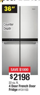 Whirlpool 36" 22 cu. ft. 4 door french door fridge