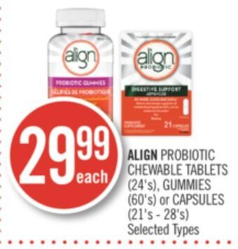 Shoppers Drug Mart Align probiotic chewable tablets (24's), gummies (60's) or capsules (21's - 28's) offer