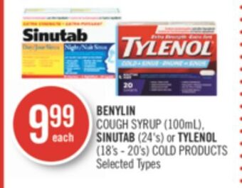Benylin cough syrup (100ml), sinutab (24's) or tylenol (18's - 20's) cold products
