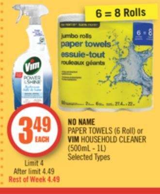 Shoppers Drug Mart No name paper towels (6 roll) or vim household cleaner (500ml - 1l) offer