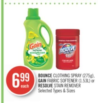 Shoppers Drug Mart Bounce clothing spray (275g), gain fabric softener (1.53l) or resolve stain remover offer