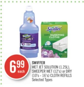Shoppers Drug Mart Swiffer wet jet solution (1.25l), sweeper wet (12's) or dry (10's - 16's) cloth refills offer