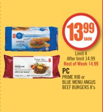 Shoppers Drug Mart Pc prime rib or blue menu angus beef burgers offer