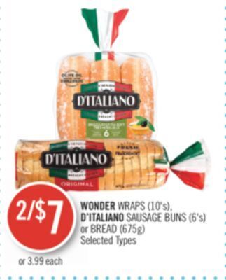 Shoppers Drug Mart Wonder wraps (10's), d'italiano sausage buns (6's) or bread (675g) offer
