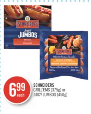 Shoppers Drug Mart Schneiders grill'ems (375g) or juicy jumbos (450g) offer