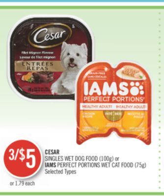 Shoppers Drug Mart Cesar singles wet dog food (100g) or iams perfect portions wet cat food (75g) offer