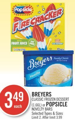 Shoppers Drug Mart Breyers classic frozen dessert (1.66l) or popsicle novelty bars offer