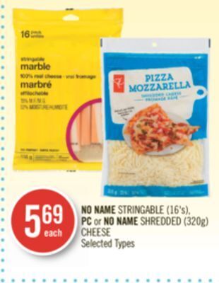 Shoppers Drug Mart No name stringable (16's), pc or no name shredded (320g) cheese offer