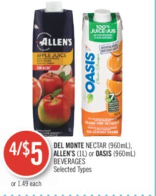 Shoppers Drug Mart Del monte nectar (960ml), allen's (1l) or oasis (960ml) beverages offer
