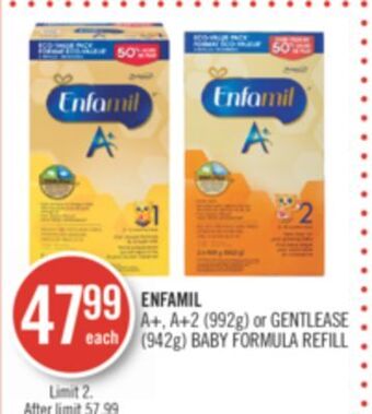 Shoppers Drug Mart Enfamil a+, a+2 (992g) or gentlease (942g) baby formula refill offer