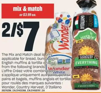 Valu-mart Wonder, country harvest, d'italiano bread, buns, bagels, english muffins & tortilla wraps offer