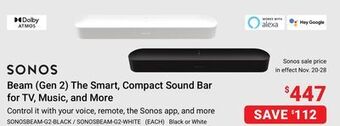 Visions Electronics Sonos beam (gen 2) the smart, compact sound bar for tv, music, and more offer