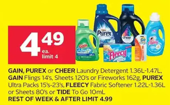 Rexall Gain, purex or cheer laundry detergent, gain flings, sheets or fireworks, purex ultra packs, fleecy fabric softener or sheets offer