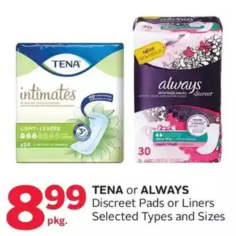 Rexall Tena or always discreet pads or liners offer