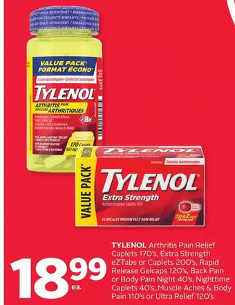 Rexall Tylenol arthritis pain relief caplets, extra strength eztabs or caplets, rapid release gelcaps, back pain or body pain night, offer