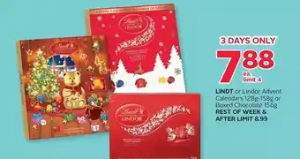 Rexall Lindt or lindor advent calendars or boxed chocolate offer