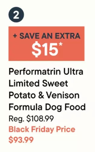 Petvalu Performatrin ultra limited sweet potato & venison formula dog food offer