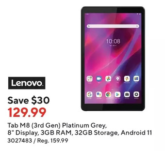 Staples Lenovo tab m8 (3rd gen) platinum grey, 8" display, 3gb ram, 32gb storage, android 11 offer