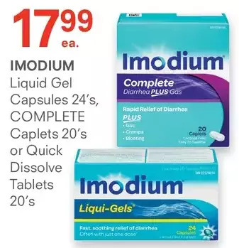 IDA Pharmacy Imodium liquid gel capsules, complete caplets or quick dissolve tablets offer