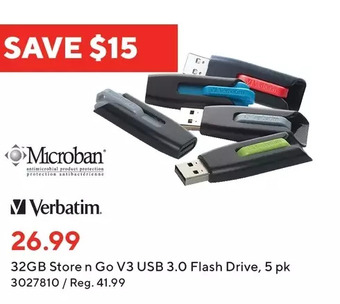 Staples Verbatim 32gb store n go v3 usb 3.0 flash drive offer
