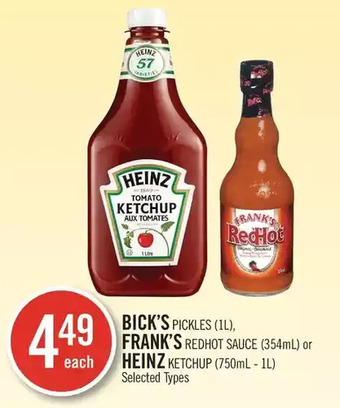 Shoppers Drug Mart Bick's pickles, frank's redhot sauce or heinz ketchup offer