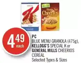Shoppers Drug Mart Pc blue menu granolam, kellogg's special or general mills cheerios cereal offer