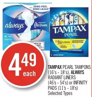 Shoppers Drug Mart Tampax pearl tampons, always radiant liners or infinity pads offer