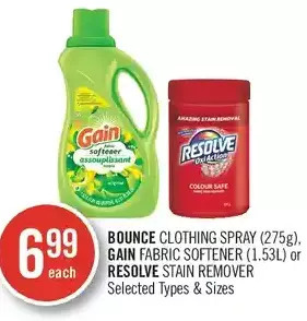 Shoppers Drug Mart Bounce clothing spray, gain fabric softener or resolve stain remover offer