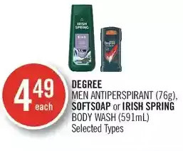 Shoppers Drug Mart Degree men antiperspirant, softsoap or irish spring body wash offer