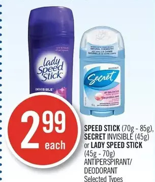 Shoppers Drug Mart Speed stick, secret invisible or lady speed stick antiperspirant/deodorant offer