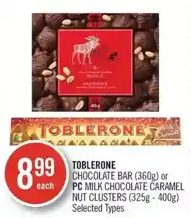 Shoppers Drug Mart Toblerone chocolate bar or pc milk chocolate caramel nut clusters offer