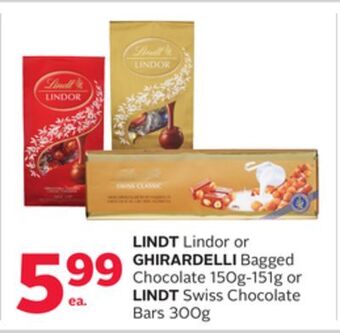 Rexall Lindt lindor or ghirardelli bagged chocolate 150g-151g or lindt swiss chocolate bars 300g offer
