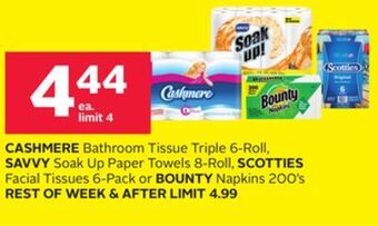 Rexall Cashmere bathroom tissue triple 6-roll, savvy soak up paper towels 8-roll, scotties facial tissues 6-pack or bounty napkins 2 offer