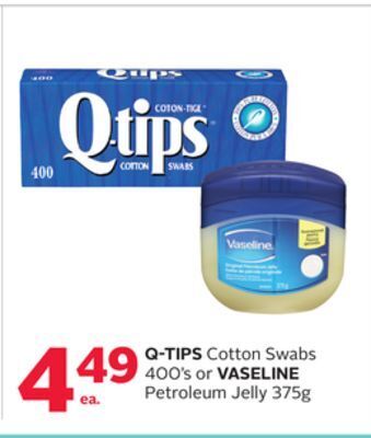 Rexall Q-tips cotton swabs 400' s or vaseline petroleum jelly 375g offer